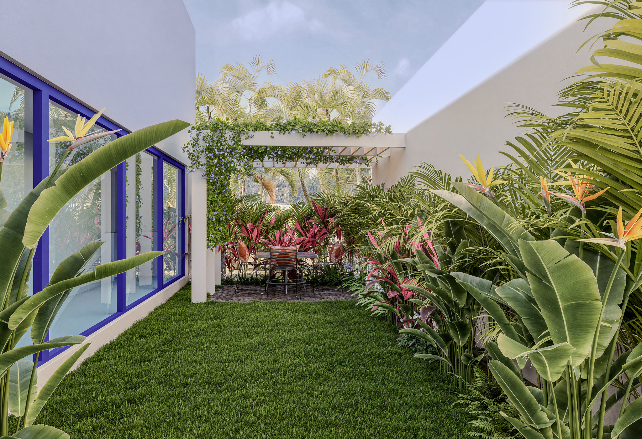 landscape render of Villa Moira, a garden courtyard and pergola